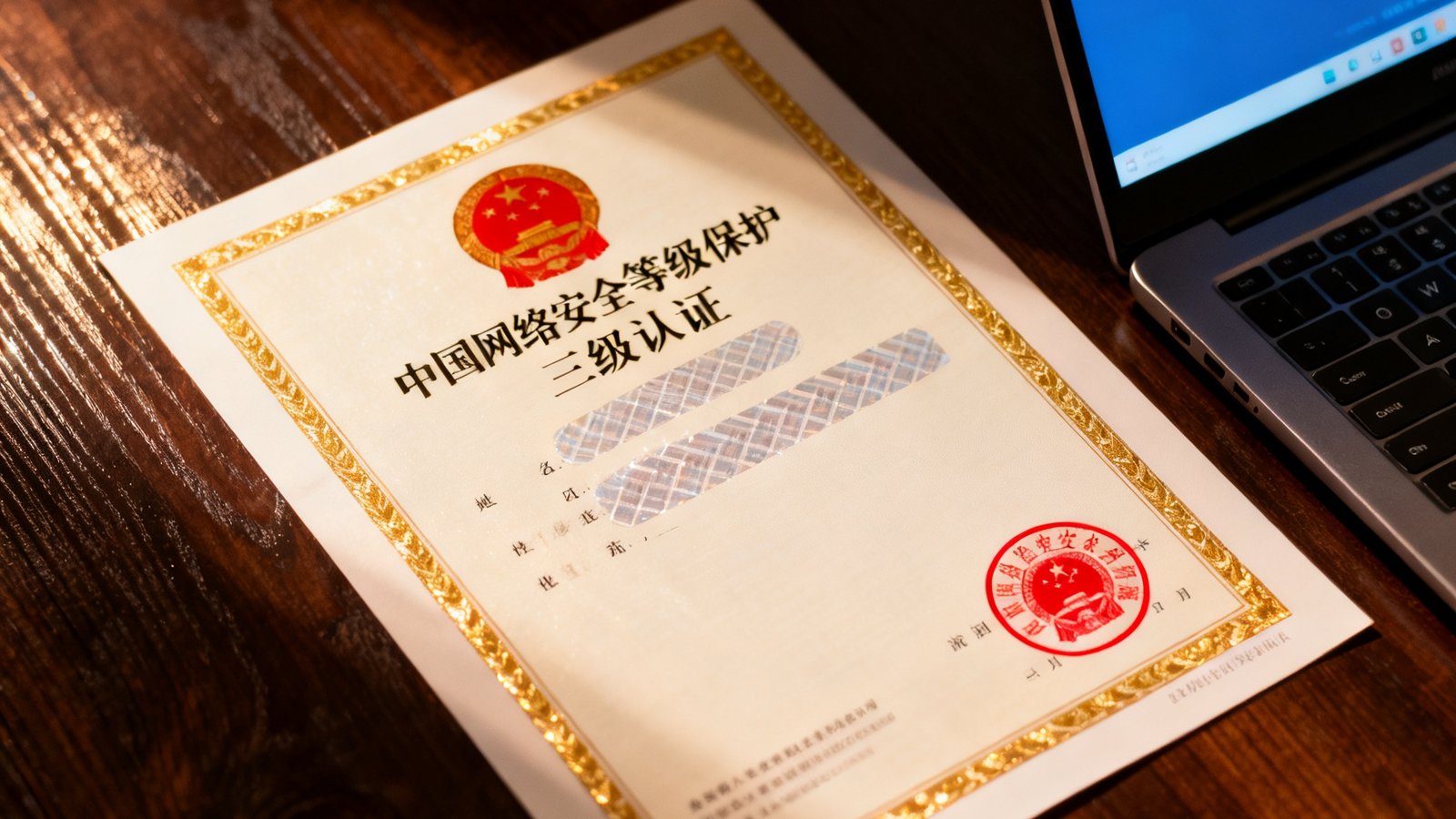 一张正式的中国网络安全等级保护三级认证证书特写照片，证书上盖有红色公章，金色边框和防伪水印清晰可见，证书放置在深色木质桌面上，旁边放着一台显示DS视讯界面的笔记本电脑。