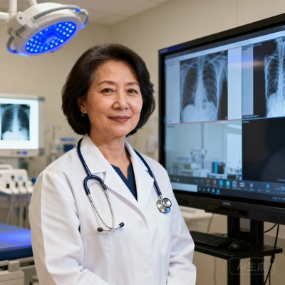 一位38岁左右的女医生半身照，穿着白大褂，脖子上挂着听诊器，站在医院远程会诊中心的大屏幕前，面容温和专业，背景可见医疗影像设备和蓝色消毒灯光。